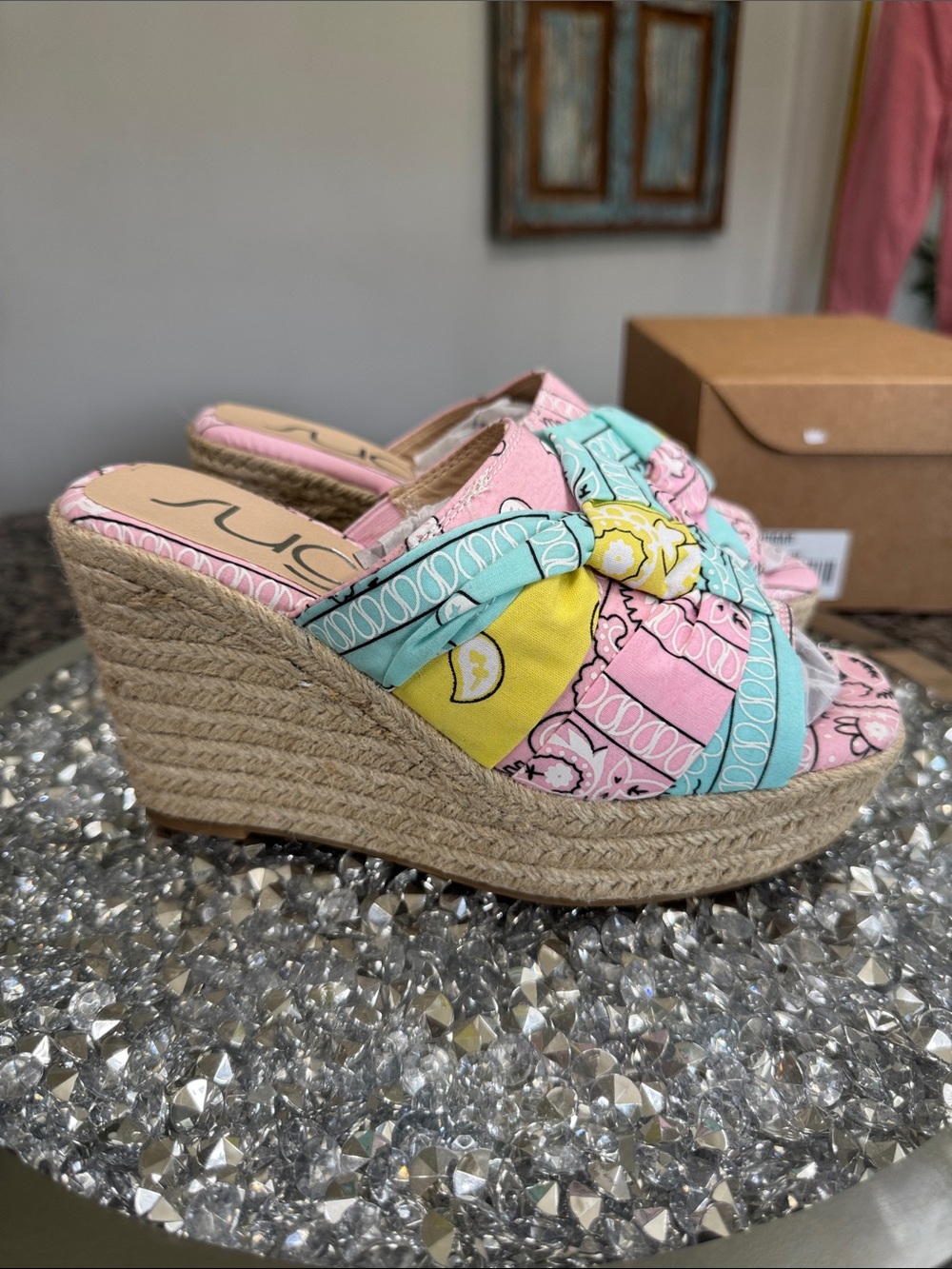 Sugar Bandana-Print Rope Wedge espadrilles Slides in NWT 6
